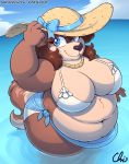  2020 anthro belly big_belly big_breasts blue_eyes breasts brown_hair canid canine canis clothed clothing digital_media_(artwork) domestic_dog female hair hat headgear headwear looking_at_viewer mammal mary_blissany navel nekocrispy overweight overweight_anthro overweight_female partially_submerged signature smile solo sun_hat swimwear text thick_thighs url water 
