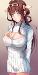  alternate_costume arm_behind_back blue_eyes breasts brown_hair casual cleavage_cutout cowboy_shot double_bun gradient gradient_background hand_on_own_chest headgear kantai_collection kongou_(kantai_collection) large_breasts liu_guniang long_hair long_sleeves looking_at_viewer meme_attire naked_sweater no_pants open-chest_sweater parted_lips purple_background ribbed_sweater solo sweater 