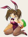  animal_ears bare_shoulders blush bow bowtie breasts brown_eyes brown_hair brown_legwear bunny_ears bunny_tail bunnysuit carrot cleavage detached_collar food food_in_mouth hair_bobbles hair_ornament high_heels long_hair medium_breasts mouth_hold original oversized_object pantyhose popsicle purple_footwear ranbu_hararin shoes sitting solo tail wariza wrist_cuffs 