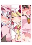  ^_^ bad_id bad_pixiv_id blonde_hair blush brown_hair carrot_necklace closed_eyes d: drooling flandre_scarlet flat_chest hammer_(sunset_beach) implied_sex inaba_tewi jewelry multiple_girls nipples open_mouth orgasm pendant red_eyes remilia_scarlet sweat touhou white_hair 