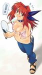  /\/\/\ 1girl blush breasts camisole collar fan food from_above highres huge_breasts long_hair midriff mouth_hold navel original paper_fan popsicle ranbu_hararin red_eyes red_hair sandals solo strap_slip surprised textless uchiwa 