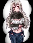  axis_powers_hetalia bikini_jeans blush breasts cleavage cleavage_cutout clothes_lift denim genderswap genderswap_(mtf) jeans large_breasts long_hair lowleg lowleg_pants meme_attire navel open-chest_sweater pants praline prussia_(hetalia) red_eyes ribbed_sweater scar silver_hair smile solo sweater sweater_lift turtleneck 