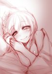  bare_shoulders blush breasts kazetto looking_at_viewer lunasa_prismriver lying medium_breasts monochrome nipples on_side short_hair sketch smile solo touhou under_covers 