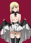  artoria_pendragon_(all) black_bow black_legwear black_ribbon blonde_hair blush bow braid breasts choker cross-laced_clothes fate/stay_night fate_(series) french_braid highres kurai_nao lips long_skirt looking_to_the_side nipples panties panty_pull red_background ribbon ribbon_choker saber_alter simple_background skirt skirt_lift small_breasts solo thighhighs topless underwear yellow_eyes 