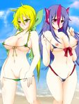  2girls artist_request bikini black_bikini blonde_hair blue_hair blue_sky blush breasts cameltoe cleavage cloud erect_nipples gigalith green_bikini hair_ornament hair_ribbon large_breasts leavanny long_hair micro_bikini multicolored_hair multiple_girls navel nipples personification pokemon ponytail pussy red_eyes ribbon sky swimsuit tears uncensored water yellow_eyes 