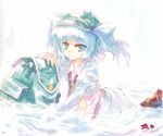  backpack bag blue_eyes blue_hair dress hat highres kawashiro_nitori midriff solo tokiame touhou twintails two_side_up water wet 