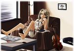  artist_request bare_shoulders barefoot blonde_hair bloomers bow_(instrument) brown_eyes camisole cd_player chair chin_rest earbuds earphones gunslinger_girl instrument instrument_case long_hair solo table triela twintails underwear violin white_bloomers 