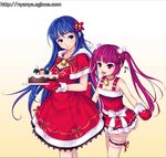  arin artist_request bell blue_eyes blue_hair cake chocolate christmas dress eighth_note flower food gloves gradient gradient_background happy kooh long_hair multiple_girls musical_note official_art pangya papel pastry red_eyes red_gloves red_hair ribbon simple_background smile twintails 