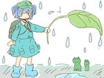  artist_request backpack bag blue_eyes blue_hair blush_stickers boots frog hair_bobbles hair_ornament hat kawashiro_nitori key rain short_hair simple_background smile solo touhou twintails two_side_up water_drop 
