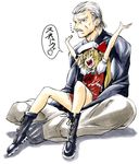  1girl blonde_hair crossover facial_hair flandre_scarlet hat imizu_(nitro_unknown) metal_gear_(series) metal_gear_solid_4 mustache old_man old_snake sitting sitting_on_lap sitting_on_person solid_snake touhou translated white_hair 