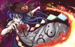  bad_id bad_pixiv_id blue_hair fire food fruit grin hat highres hinanawi_tenshi long_hair peach red_eyes smile solo sword sword_of_hisou touhou uousa-ou weapon 