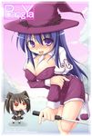  arin between_breasts blue_eyes blue_hair blush breast_squeeze breasts chibi cleavage covered_nipples dress hat kooh kurikara large_breasts long_hair multiple_girls open_mouth pangya witch 