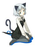  animal_ears aqua_eyes black_legwear cat_ears cat_tail green_eyes grey_hair hamao hands_on_own_knees light_smile looking_at_viewer necktie pantyhose sanya_v_litvyak silver_hair simple_background sitting solo strike_witches tail wariza world_witches_series 