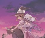  amakura blonde_hair broom broom_riding cloud evening hair_ribbon hat hug hug_from_behind kirisame_marisa multiple_girls multiple_riders patchouli_knowledge purple_hair ribbon sidesaddle skirt sky sunset tired touhou twilight witch_hat 