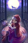  animal basket big_bad_wolf_(grimm) boots cape dress elbow_gloves full_moon gloves grimm's_fairy_tales knife little_red_riding_hood little_red_riding_hood_(grimm) moon original red_eyes silver_hair sitting solo uni wolf 