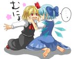  barefoot cheek_pinching cirno feet multiple_girls nugaa outstretched_arms pinching rumia spread_arms touhou 