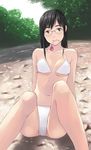  bikini black_hair blue_eyes copyright_request day flower glasses long_hair mouth_hold navel pirlo sitting solo swimsuit 