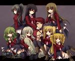  6+girls asmodeus beelzebub belphegor black_hair black_legwear blonde_hair brown_hair chain collar drill_hair garter_straps green_hair leviathan_(umineko) licking long_hair lucifer mammon multiple_girls necktie pink_neckwear red_eyes red_hair satan smile stakes_of_purgatory suzushiro_kurumi thighhighs twin_drills twintails umineko_no_naku_koro_ni ushiromiya_battler 