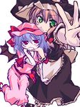  angry bat_wings blonde_hair blue_hair foreshortening frown green_eyes hands hat kirisame_marisa multiple_girls nobon red_eyes remilia_scarlet smile touhou v wings witch_hat 