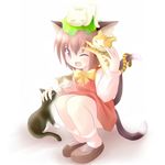  animal animal_ears animal_on_head brown_hair cat cat_ears cat_on_head cat_tail chen des dress earrings hat jewelry multiple_tails on_head one_eye_closed purple_eyes short_hair smile solo tail touhou 