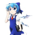  adjusting_eyewear bespectacled blue_eyes blue_hair bow cirno computer dress glasses kusaba_(kusabashiki) laptop short_hair solo tareme touhou wings 