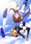  ass blonde_hair blush brown_hair cameltoe cloud day fate_testarossa gloves long_hair looking_at_viewer lyrical_nanoha magical_girl mahou_shoujo_lyrical_nanoha_strikers midriff multiple_girls navel open_mouth panties purple_eyes red_eyes saki_chisuzu sky smile takamachi_nanoha thighhighs twintails underwear upside-down white_panties 