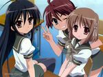  desk multiple_girls non-web_source ogata_matake one_eye_closed school_uniform shakugan_no_shana shana v wallpaper watermark yoshida_kazumi 