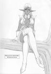  armlet boots breasts breasts_apart center_opening dark_elf dark_skin elf gloves greyscale highres in_tree jewelry large_breasts long_hair lucretia monochrome necklace pirotess pointy_ears record_of_lodoss_war sitting sitting_in_tree solo thigh_boots thighhighs tree 