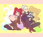  1girl blush couple heart heart_pillow hetero jack_frost kujikawa_rise persona persona_4 pillow pinkmm red_hair scar school_uniform serafuku silver_hair stuffed_animal stuffed_toy tatsumi_kanji thighhighs twintails yasogami_school_uniform 