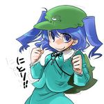  artist_request backpack bag blue_eyes blue_hair blush character_name collar dress flat_cap green_dress hat kawashiro_nitori key long_sleeves looking_at_viewer lowres smile solo touhou two_side_up upper_body 
