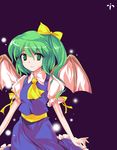  alphes_(style) alternate_wings bat_wings blue_dress bow daiyousei dress green_eyes green_hair hair_bow highres ideolo light_particles parody ribbon short_hair side_ponytail solo style_parody touhou wings 