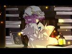  book dark fastbond hat lamp letterboxed long_hair looking_back patchouli_knowledge purple_hair ribbon solo touhou 