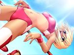  amane_sou arched_back blonde_hair blue_eyes breasts buruma dark_skin day game_cg high_jump jumping medium_breasts navel non-web_source sayorana_etranger short_hair sky solo sun tan thighhighs track_and_field wristband 