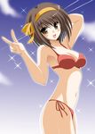  absurdres bikini breasts brown_eyes brown_hair covered_nipples hairband highres medium_breasts oda_ken'ichi orange_hairband short_hair side-tie_bikini solo suzumiya_haruhi suzumiya_haruhi_no_yuuutsu swimsuit v 