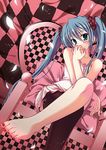  aqua_eyes armchair asymmetrical_clothes barefoot blue_hair chair checkered crossed_legs eating feet hatsune_miku long_hair nail_polish petals red_nails single_thighhigh sitting solo tanihara_natsuki thighhighs toenail_polish toes twintails vocaloid world_is_mine_(vocaloid) 