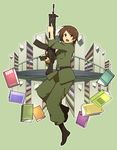  assault_rifle book bookshelf brown_hair green_background gun howa_type_89 kasahara_iku military military_uniform open_mouth rifle short_hair sleeves_rolled_up toshokan_sensou uniform weapon yow 