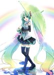  :d gradient_hair hatsune_miku long_hair melt_(vocaloid) multicolored multicolored_hair open_mouth rainbow rainbow_hair sato-pon smile solo thighhighs transparent transparent_umbrella twintails umbrella very_long_hair vocaloid 