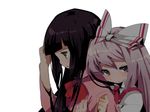  black_hair brown_eyes fujiwara_no_mokou hair_ribbon houraisan_kaguya hug hug_from_behind ichihaya long_hair multiple_girls pink_eyes pink_hair ribbon shy simple_background touhou upper_body 