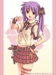  asymmetrical_clothes backpack bag brown_eyes cross open_mouth original plaid plaid_skirt purple_hair shiizaki_hinaki single_thighhigh skirt solo striped striped_legwear thighhighs twintails 