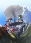  bad_id bad_pixiv_id blurry cup depth_of_field from_below hat izayoi_sakuya maid multiple_girls nichimatsu_seri parasol remilia_scarlet ribbon short_hair table teacup teapot touhou umbrella wings 