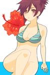  arm_support bad_id bad_pixiv_id bikini bottomless breasts brown_eyes brown_hair cleavage copyright_request flower hibiscus medium_breasts short_hair solo striped striped_bikini swimsuit tosaka-maru 