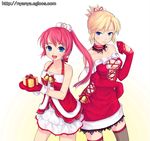  arm_up artist_request bell blonde_hair blue_eyes breasts cecilia_(pangya) christmas cleavage dress gift gloves hair_bun hana_(pangya) holding holding_gift long_hair medium_breasts multiple_girls official_art pangya pink_hair ponytail red_gloves ribbon socks thighhighs zettai_ryouiki 