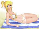  artist_request bikini blonde_hair blue_eyes cecilia_(pangya) pangya ponytail ribbon sand see-through solo summer swimsuit 