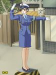  artist_request black_hair brown_eyes copyright_request gloves hat pantyhose pencil_skirt police police_uniform policewoman skirt solo traffic_officer type51 uniform whistle 