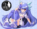  blue_hair breasts cleavage copyright_request demon_tail gloves kitsune_choukan large_breasts long_hair one_eye_closed open_mouth red_eyes shirt_lift sitting solo tail thighhighs twintails underboob 
