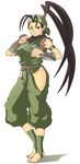  barefoot black_hair brown_eyes feet fighting_stance hair_pulled_back hakama hip_vent ibuki_(street_fighter) japanese_clothes knife knife_(artist) kunai looking_at_viewer ninja smile solo street_fighter weapon 