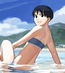  bare_shoulders beach bikini black_eyes black_hair cloud copyright_request day looking_back lowres mountain non-web_source ocean outdoors short_hair sky smile solo swimsuit takamichi 