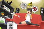  1girl araragi_yuuichi black_legwear cat controller couch english game_console game_controller green_eyes halo halo_(game) playing_games red_ring_of_death shelf solo speaker surprised tears thighhighs video_game xbox xbox_360 