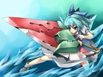  advent_cirno blue_eyes blue_hair bow cirno fighting_stance ice kokka_han ribbon short_hair solo sword touhou weapon wings 