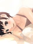  :d bare_shoulders blush breasts brown_eyes brown_hair camisole collarbone looking_at_viewer lying medium_breasts on_side open_mouth original simple_background smile solo teikoku_shounen white_background 